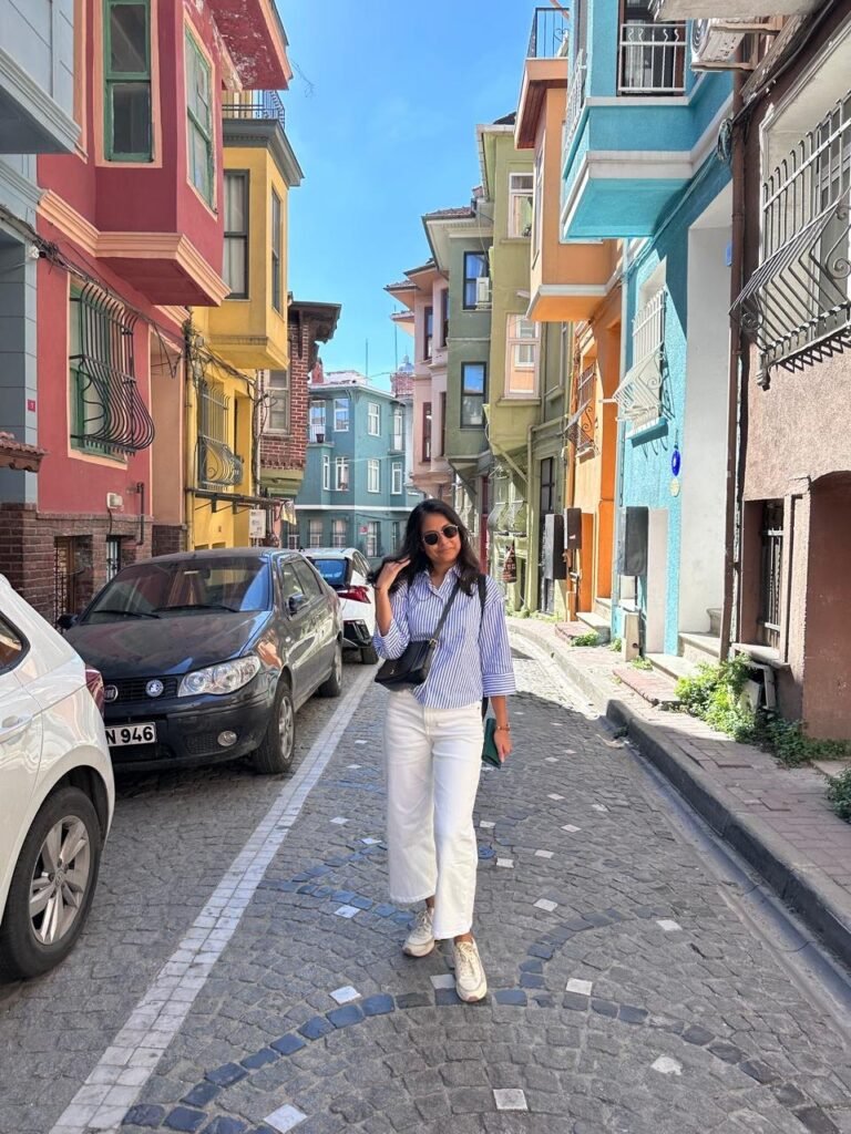 Sanju on a colourful street in Balat, Istanbul