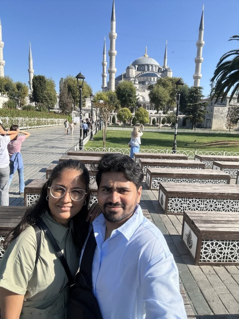 Tushar and Sanju outside the Blue Mosque in Istanbul