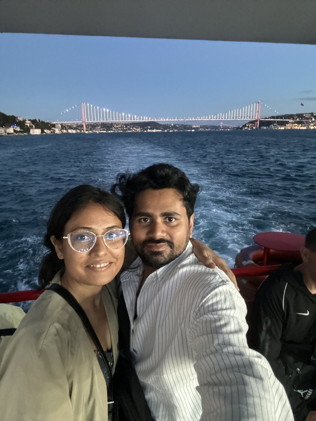 Tushar and Sanju on a Bosphorus cruise at sunset, Istanbul