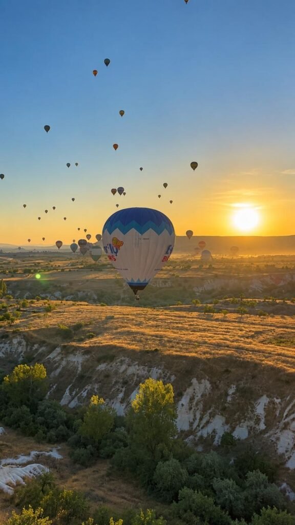 Hot air balloons over Cappadocia at sunrise