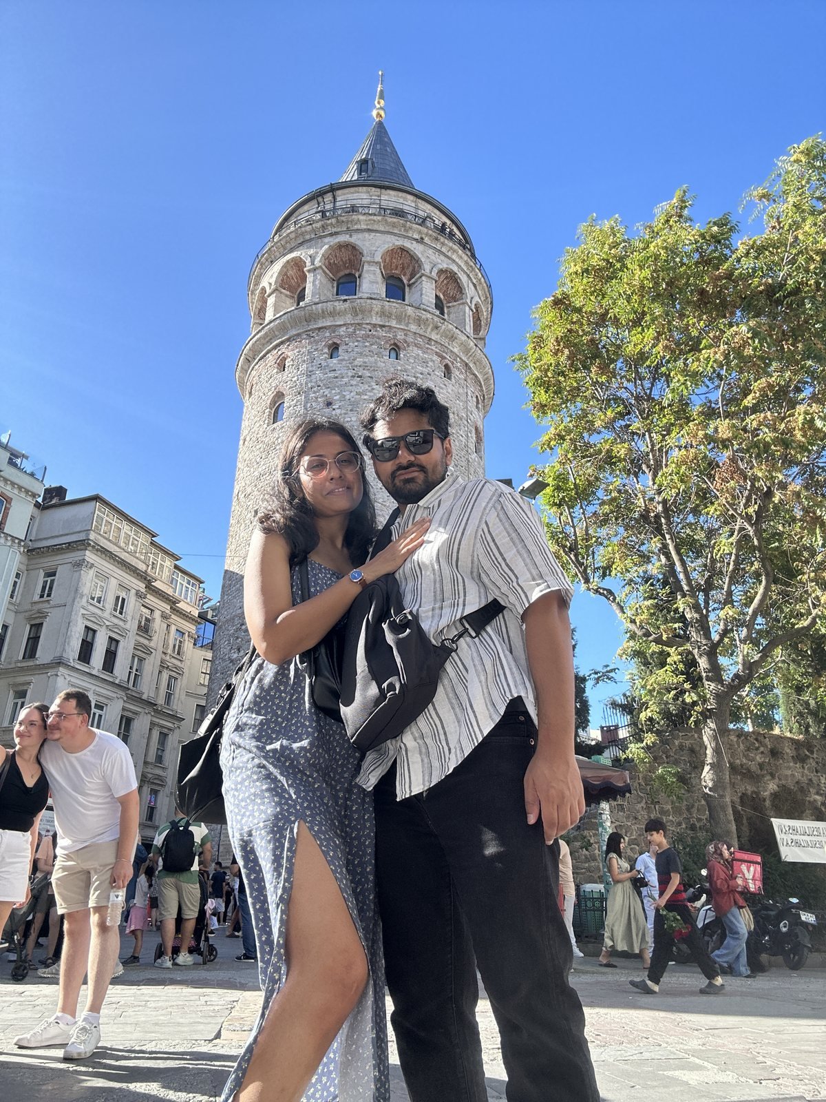 Tushar and Sanju in front of Galata Tower, Istanbul