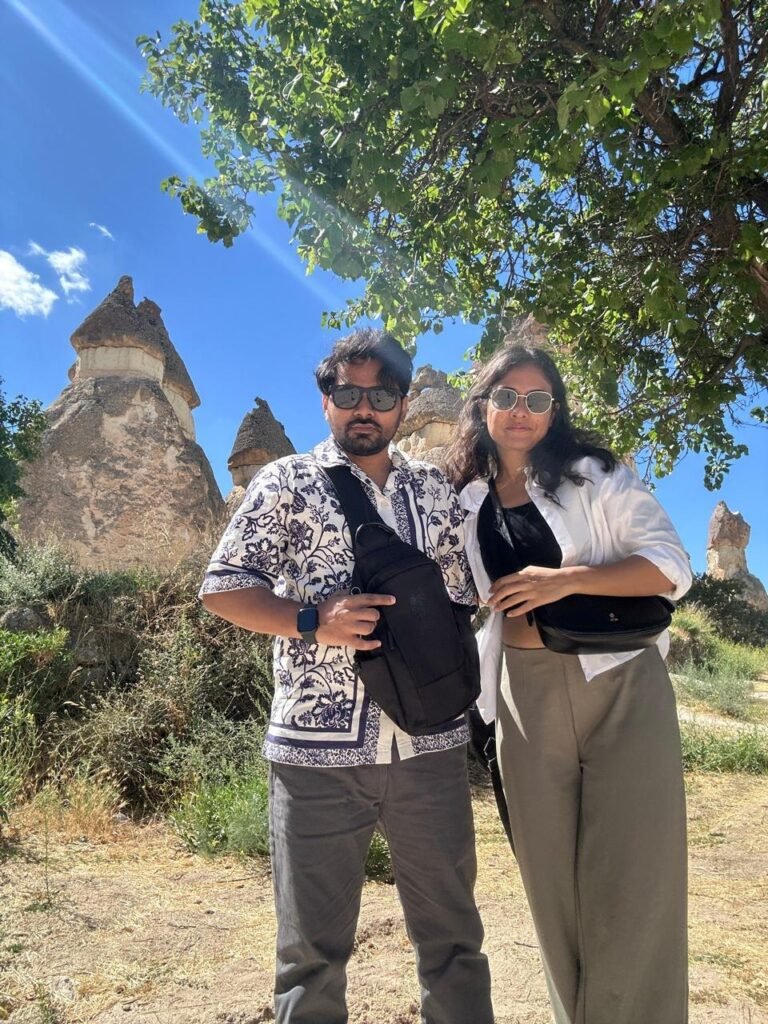 Tushar and Sanju in front of the fairy chimneys at Paşabağ