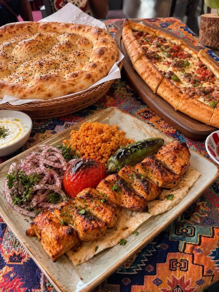 Chicken kebab, bulgur, pide and fresh bread on a Turkish table